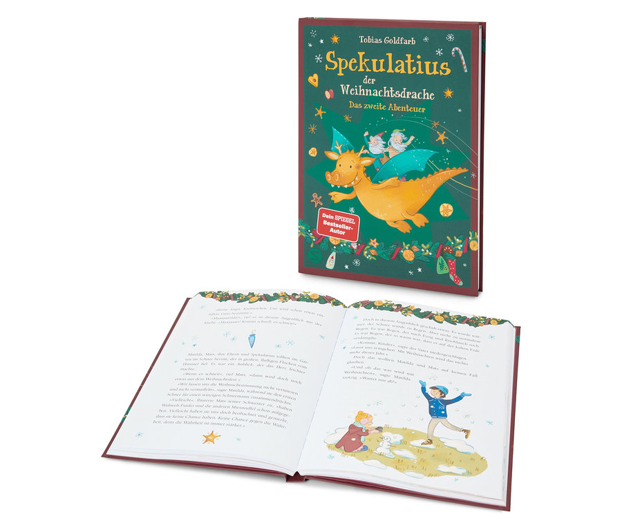 Ein aufgeschlagenes Buch mit Illustrationen neben dem Buch "Spekulatius der Weihnachtsdrache".
