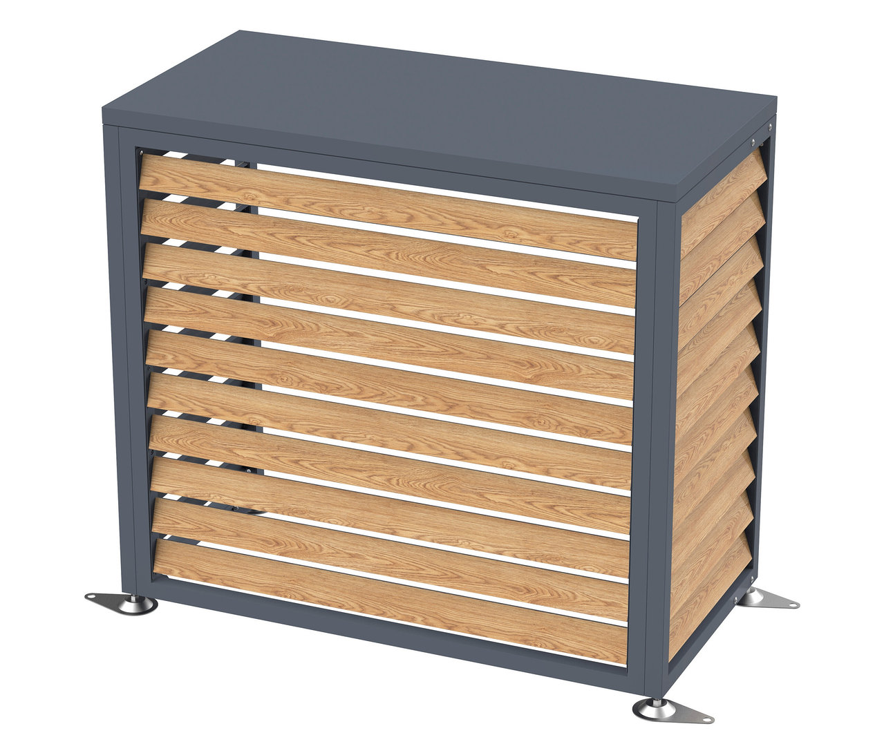 Eine graue, rechteckige Outdoor-Klimaanlagenabdeckung mit Holzlatten.