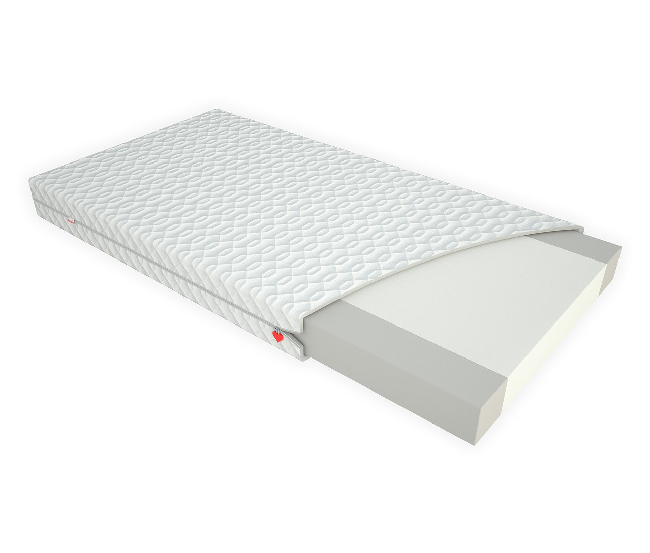 Nahaufnahme der Paradies Baby- und Kindermatratze »Traumwolke«, teilweise abgedeckt, mit Blick auf den Schaumstoff.