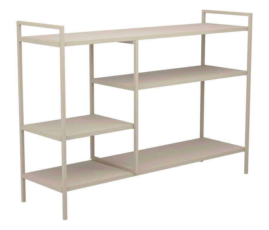 Ein beiges Regal mit vier Ebenen.