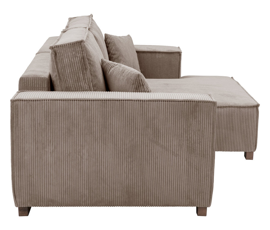 Nahaufnahme eines beigen Cord-Sofas mit Kissen.