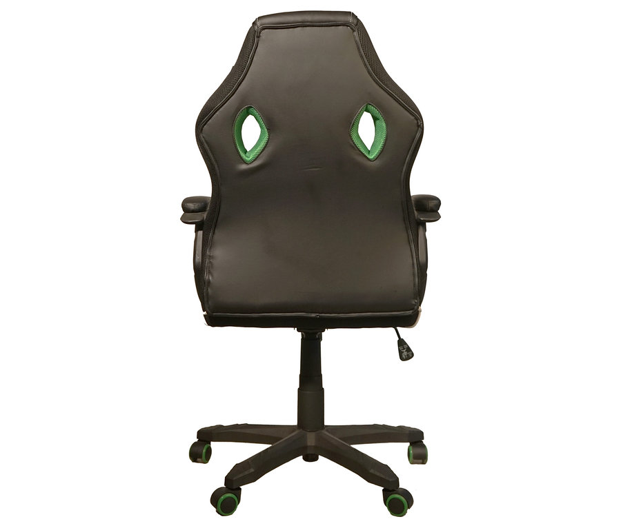 Rückansicht eines schwarzen Gaming-Stuhls mit grünen Akzenten.