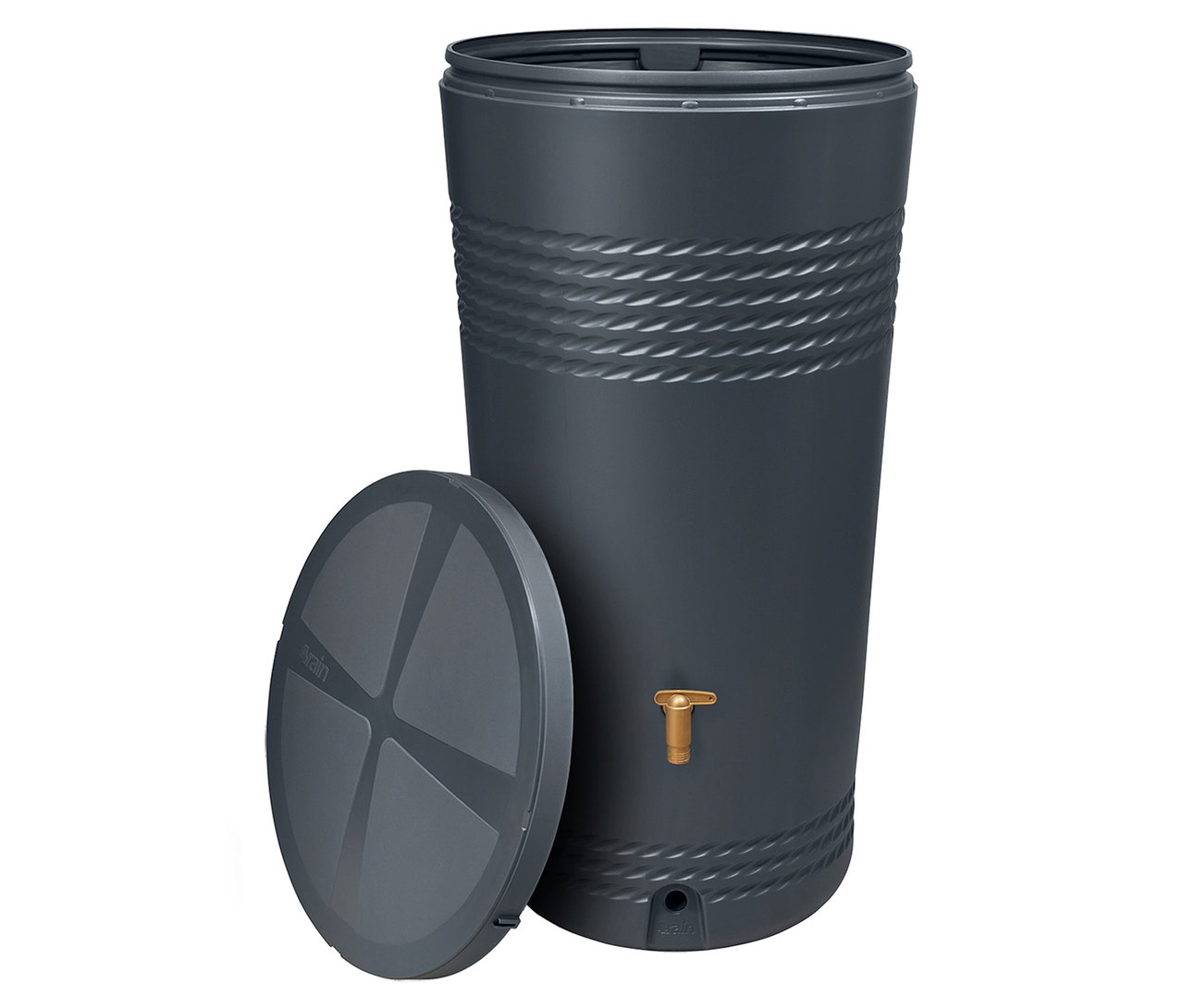 Ein grauer Garantia Regenspeicher, ca. 230 l, Komplett-Set, mit einem goldenen Hahn und einem Deckel steht auf einem weißen Hintergrund.