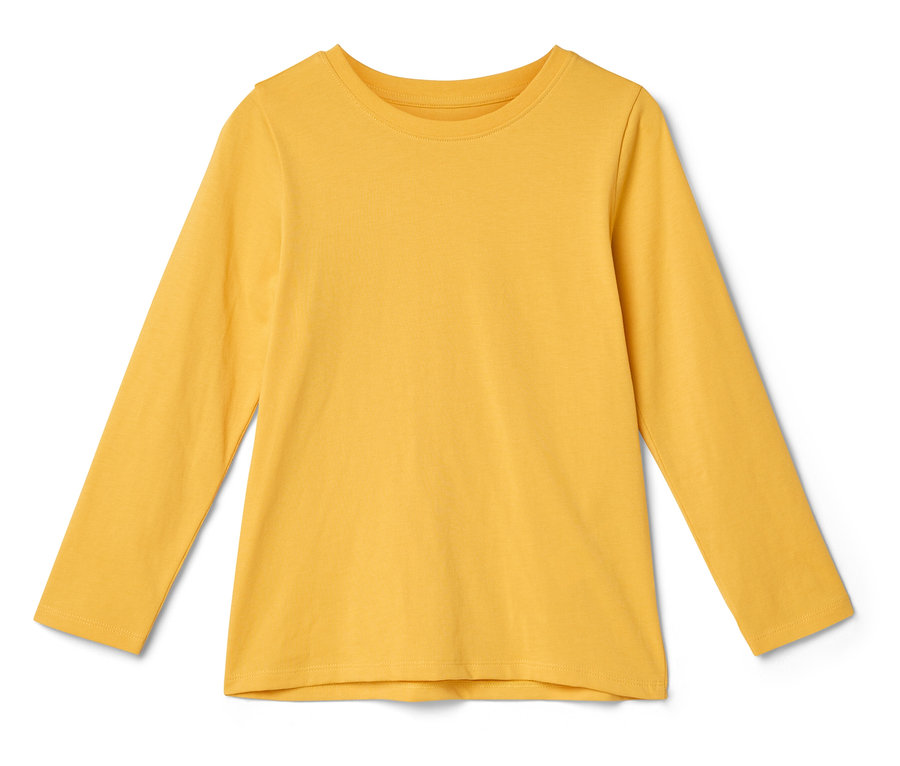 Ein gelbes Langarmshirt liegt auf einem weißen Hintergrund.