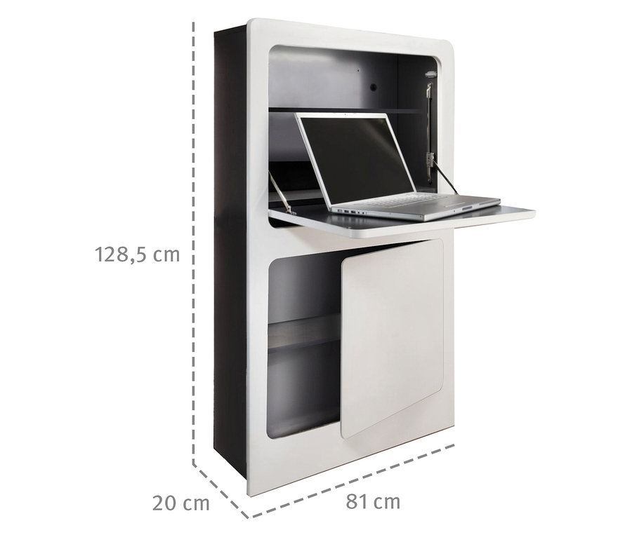 Geöffneter Roba Schreibtisch »Milano« mit Laptop darauf, Maße werden angezeigt.