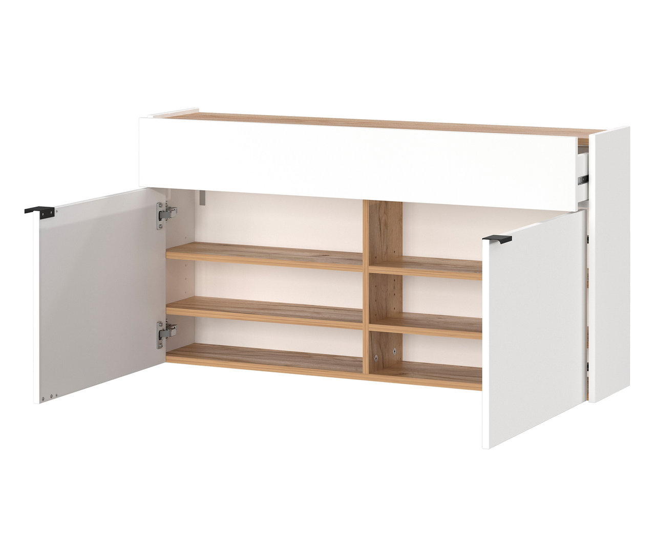 Der breite, weiße Mehrzweckschrank »Ameca« ist mit offenen Türen und Holzeinlegeböden dargestellt.