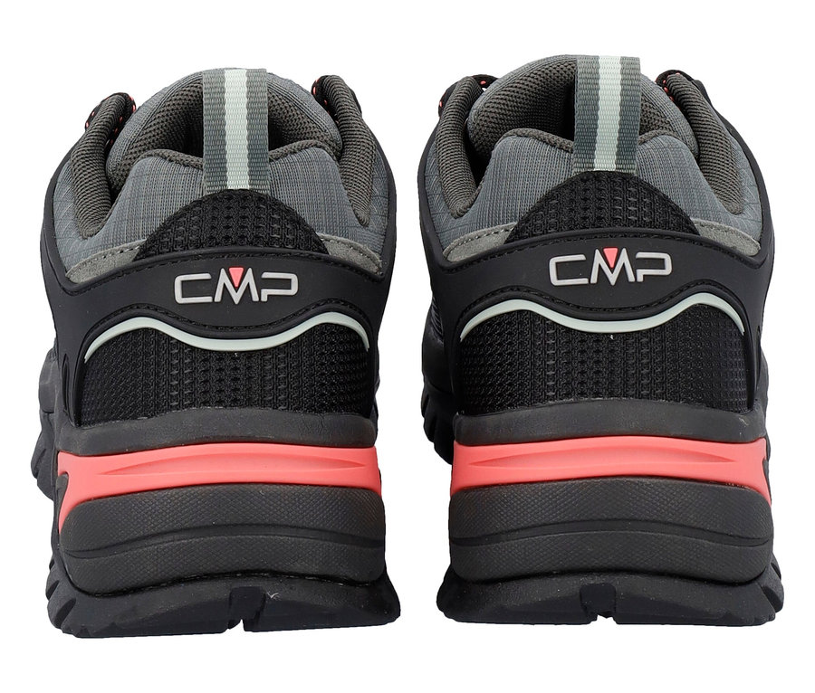 Rückansicht von zwei grauen und schwarzen CMP-Wanderschuhen mit korallenroten Akzenten.
