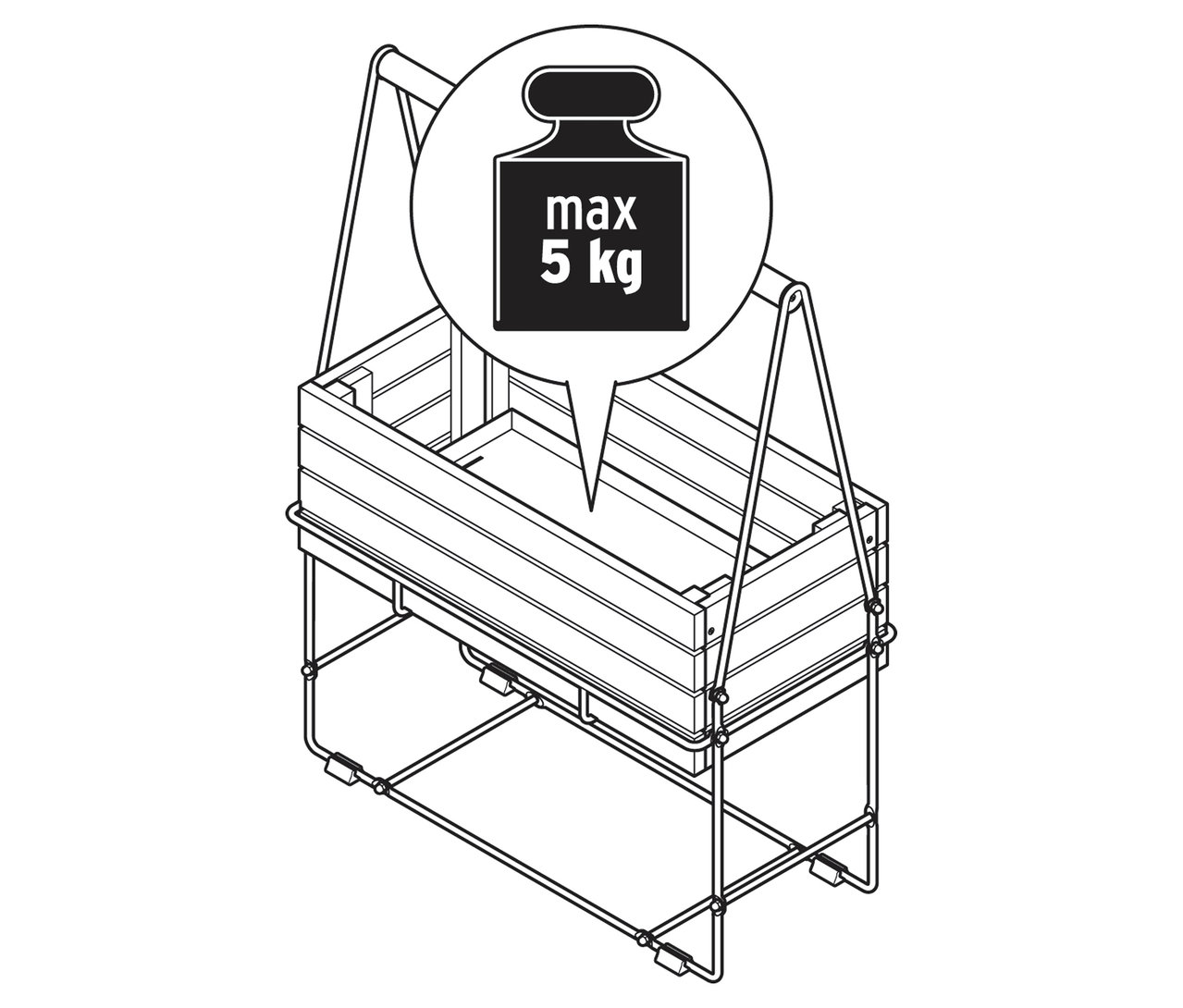 Illustration eines Kräuterkastens »Elin« mit Tragegestell und dem Hinweis auf ein maximales Gewicht von 5 kg.