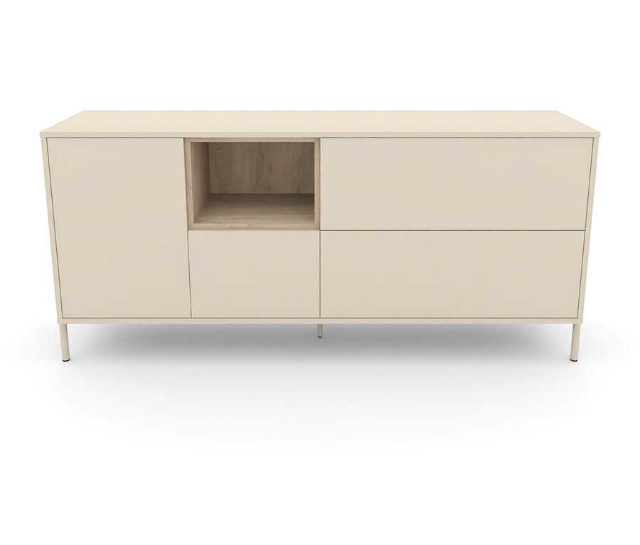 Cashmere-weißes Sideboard »Hygge« mit einer Tür und einem offenen Fach steht auf Füßen.