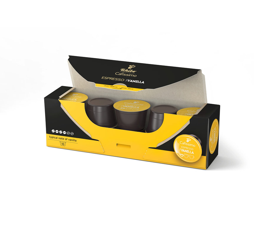 Eine geöffnete, schwarze und gelbe Packung Cafissimo Flavoured Espresso - Vanilla - 10 Kapseln.