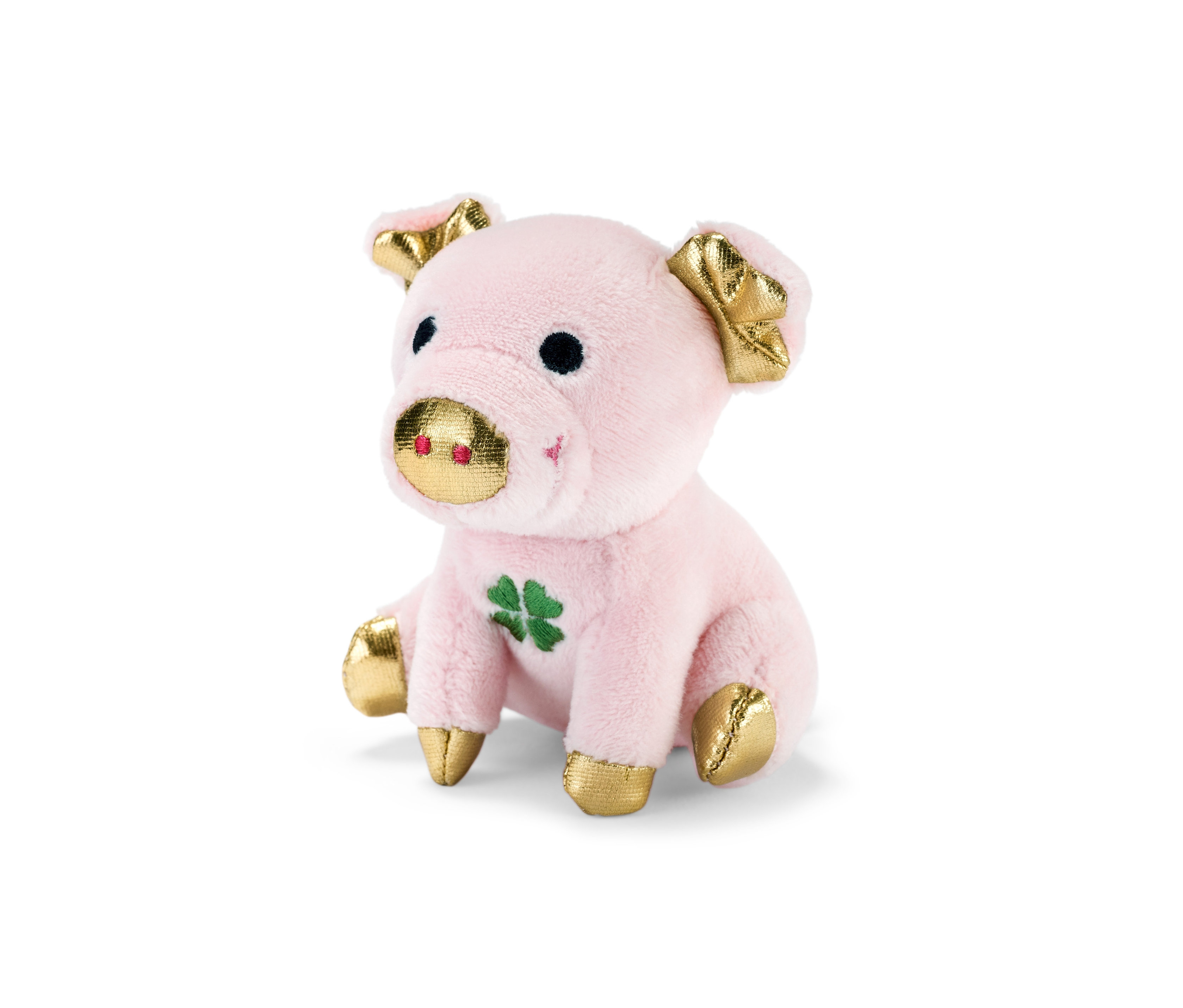 Sitzendes rosa Glücksschweinchen mit Sound, schwarzen Augen und goldenen Details.