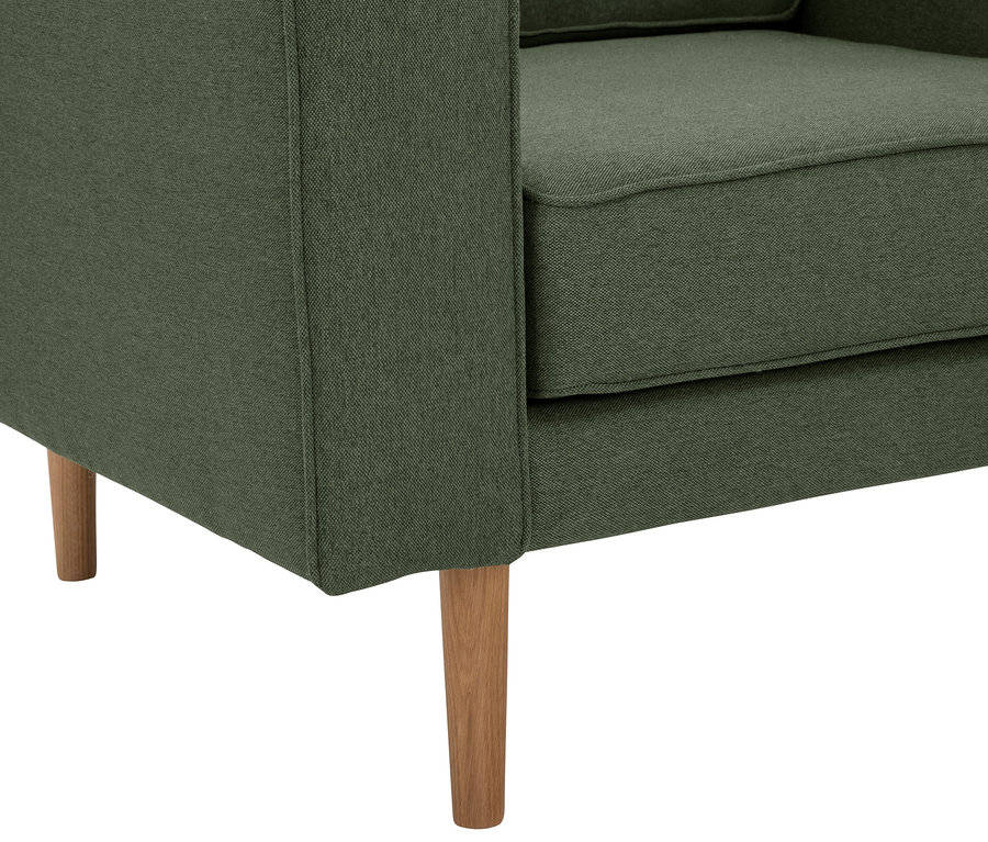 Detailansicht des grünen Sessels "Jules" mit Holzbeinen.