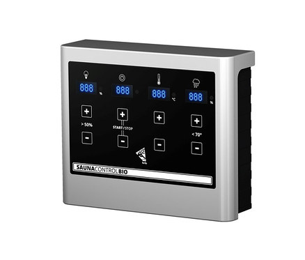Nahaufnahme der Steuerung für die Karibu Sauna »Scarlett 3« mit 9-kW-Bio-Ofen und Bio-Steuerung, die Temperatur- und Feuchtigkeitseinstellungen anzeigt.