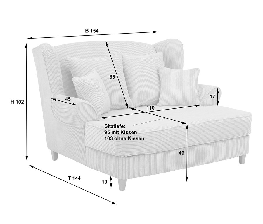 Abmessungen des beigen XXL-Ohrensessels »Harvard« aus Cordstoff.