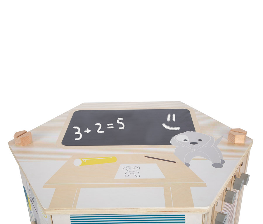 Detail des small foot Motorikwürfels XXL »Haustiere« mit Tafel, Stift, Papier und Holzwürfeln.