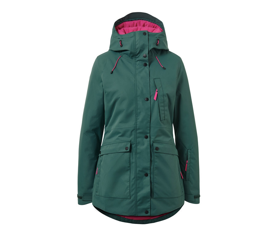 Grüne Ski- und Snowboardjacke mit Kapuze und pinkem Futter.