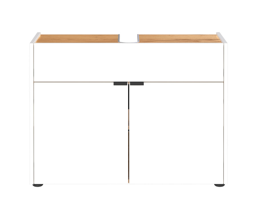 Weißer Waschbeckenunterschrank »Aalborg« mit Holzplatte in Navarra-Eiche-Optik.