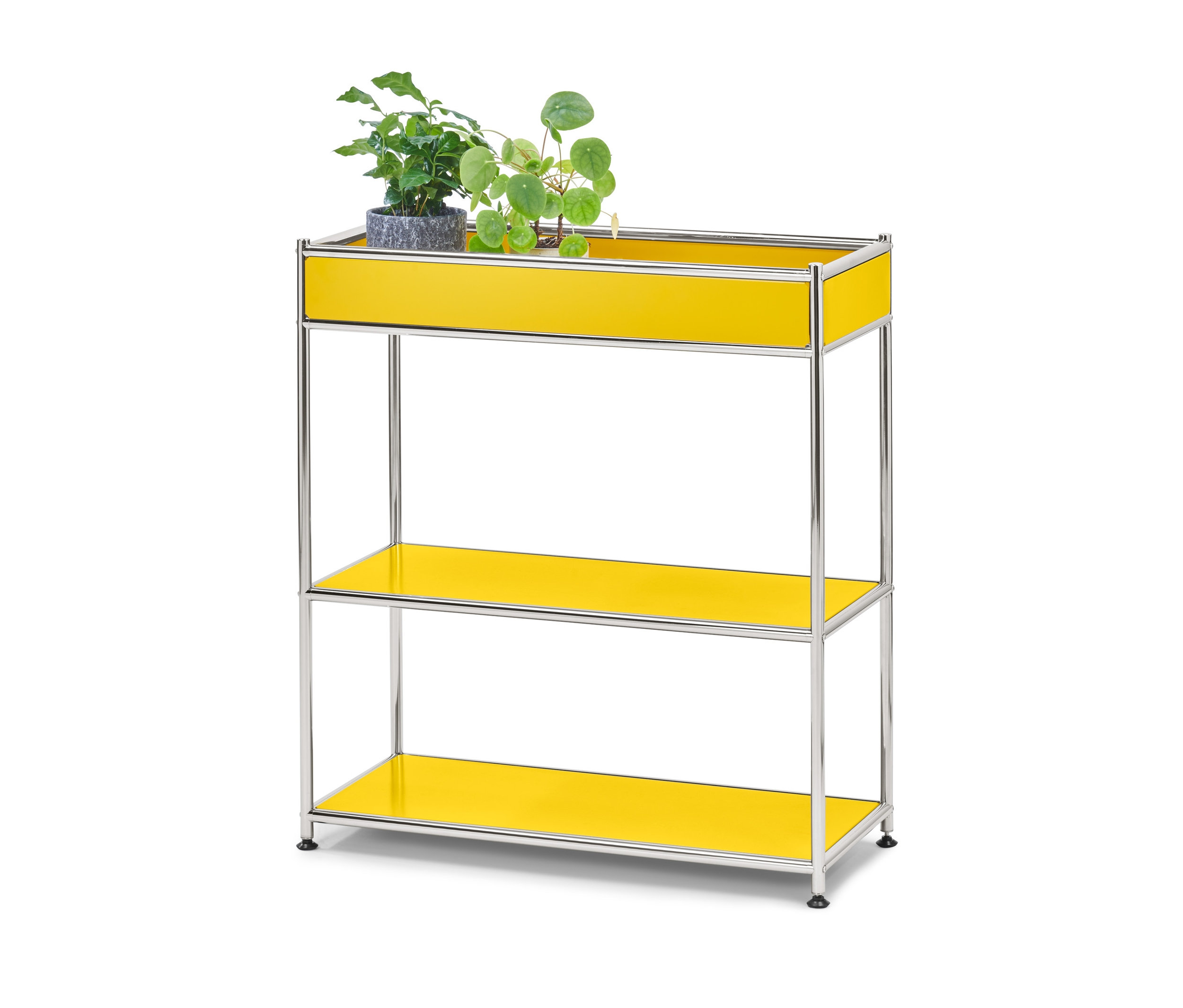 Gelbe Konsole Metall »CN3« mit Ablage und zwei Pflanzen darauf.