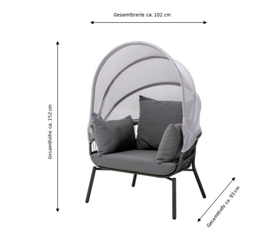 Abmessungen von Leco Sessel mit Fußhocker.