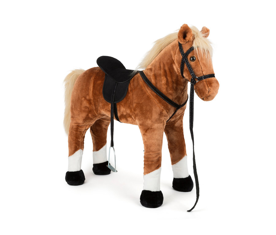 Braunes Plüsch-Stehpferd mit Sound von small foot mit Sattel und Zaumzeug.