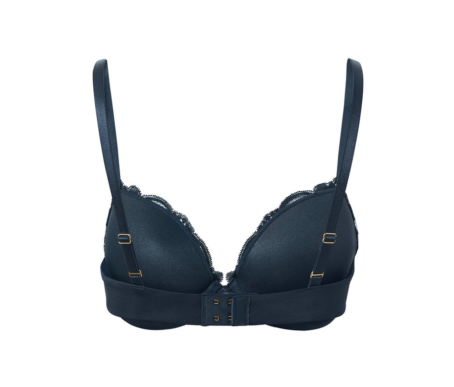 Detailansicht von der Rückseite eines marineblauen Push-up-BHs mit Spitze.