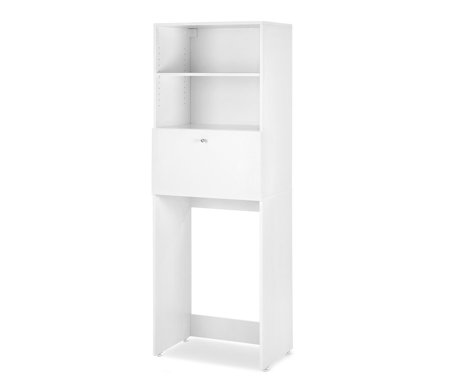 Weißer Waschmaschinenschrank mit aufklappbarer Arbeitsfläche.