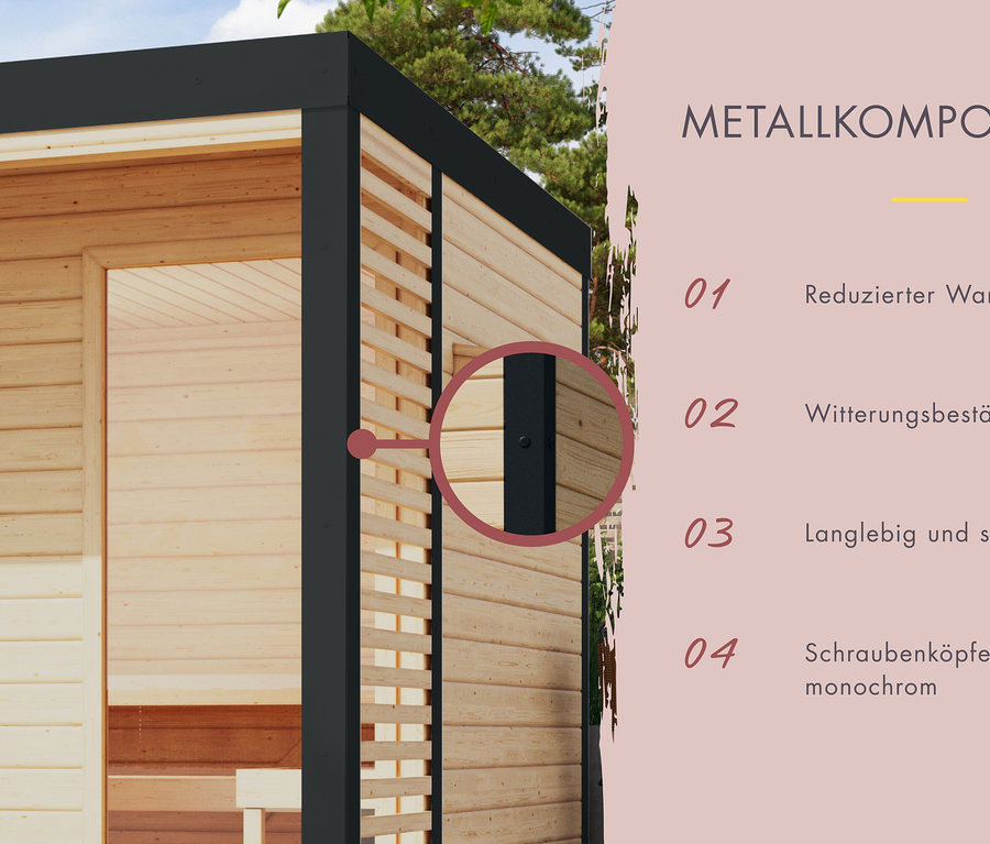 Detailaufnahme der Metallkomponenten eines Holzgebäudes mit Text über reduzierten Wartungsaufwand, Wetterbeständigkeit und Langlebigkeit.