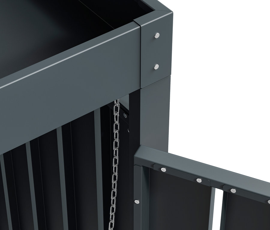 Detail einer grauen Mülltonnenbox mit Blumenkasten, 3er.