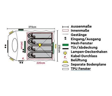 Abbildung des Tambu 4-Personen-Kuppelzelt »SETU 4« Grundrisses mit Abmessungen.
