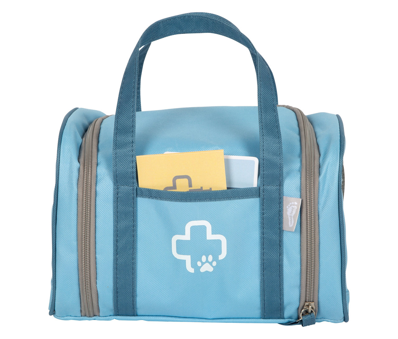 Hellblaue small foot Tierarzt-Tasche mit Hase, mit Tragegriffen, Reissverschlüssen, Aussentasche mit gelbem Kärtchen.