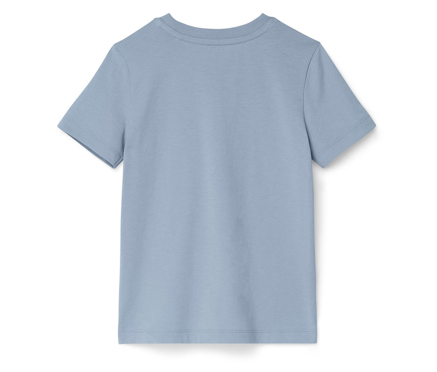 Rückseite eines hellblauen Kurzarm-T-Shirts.
