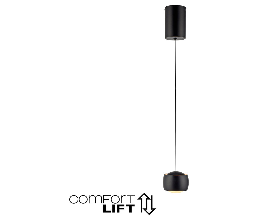 Schwarze Hängeleuchte mit dünnem Kabel.