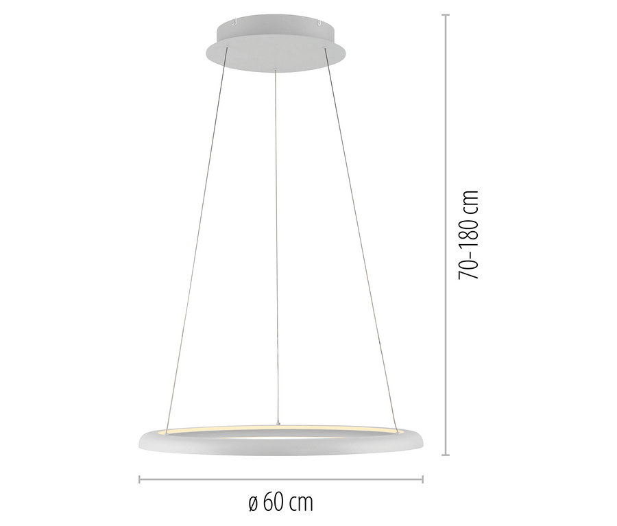 Weiße runde Deckenleuchte hängt an drei Kabeln, Durchmesser 60 cm, Höhe 70-180 cm.