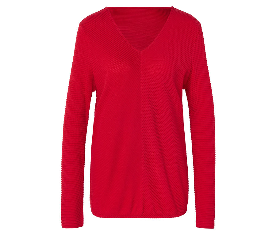 Roter Langarmpullover mit V-Ausschnitt.