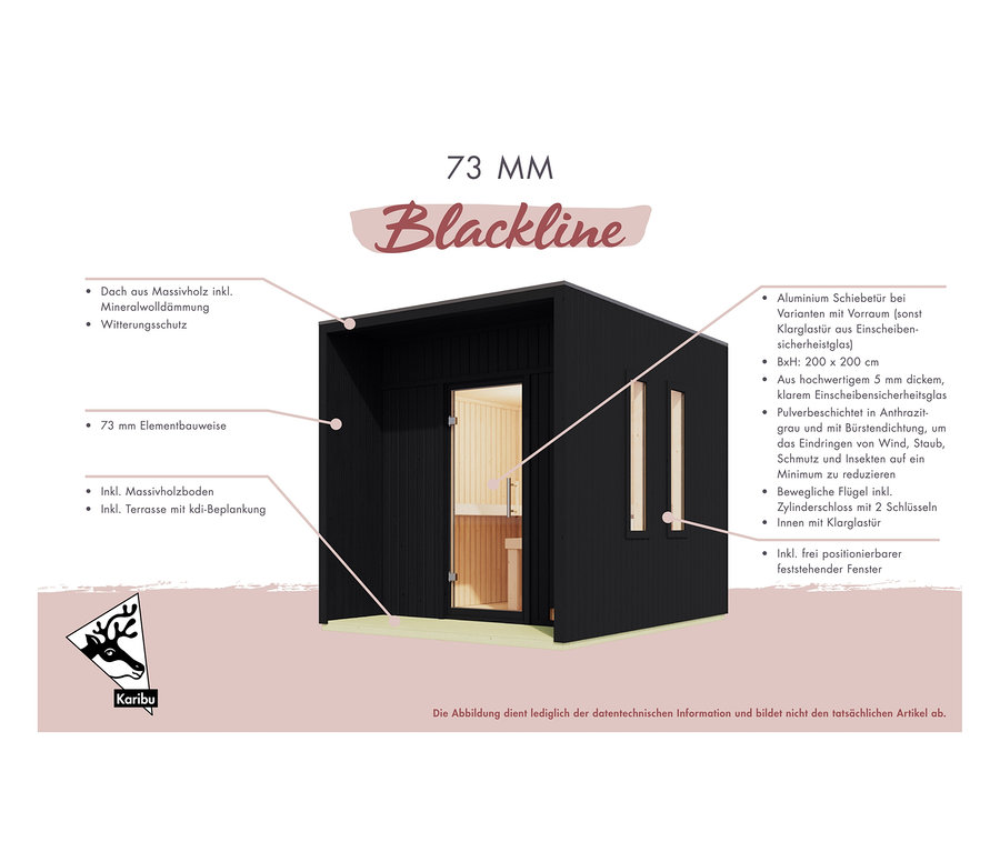 Schwarzes Karibu Saunahaus »Gwen« mit Glastür und zwei Fenstern.