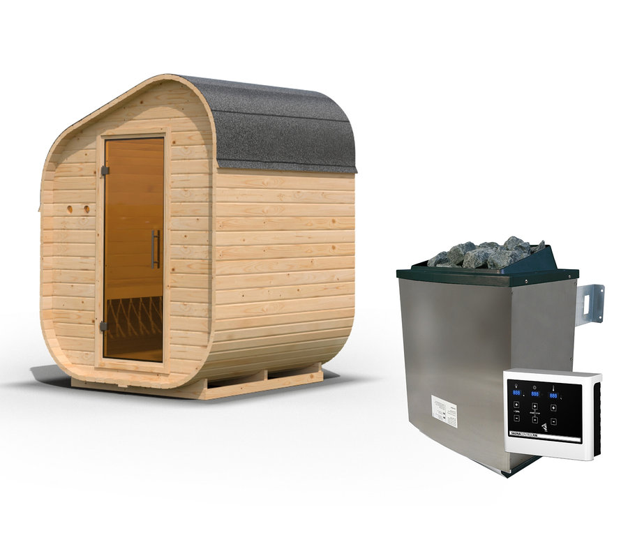 Ein asymmetrisches Karibu Würfelsaunahaus 1 und ein Saunaofen mit Bedienfeld.