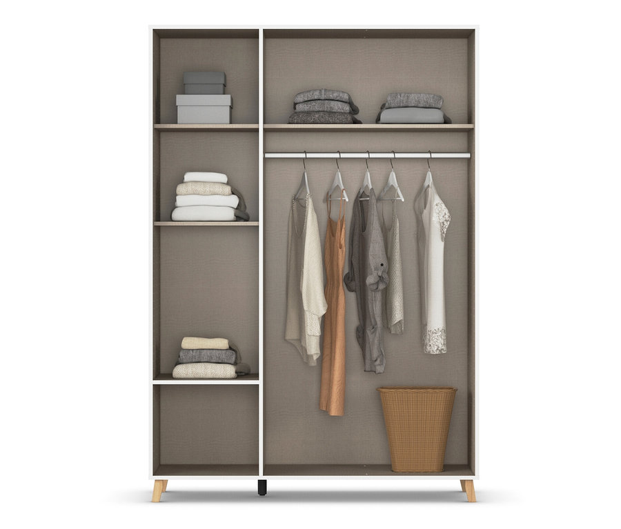 Geöffneter rauch Drehtürenschrank »Shinjo« mit 3 Türen und 2 Schubladen, in Grau Metallic und Weiß. Innen liegen Regale, Kleiderstapel und hängende Kleidungsstücke.