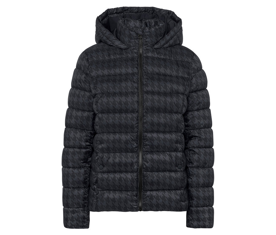 Eine schwarze Daunenjacke mit Kapuze und Hahnentrittmuster.