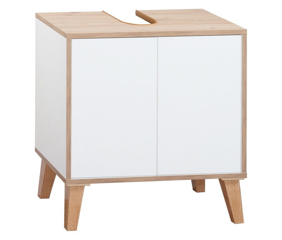 Weißer Roba Waschbeckenunterschrank »Morena« mit zwei Türen und Artisan-Eiche-Akzenten.