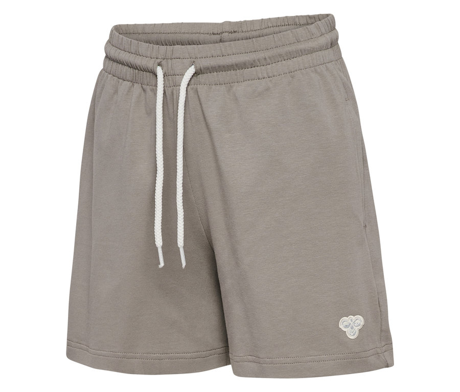 Graue hummel® HMLJR Loose Solid Shorts mit weißem Kordelzug und Logo unten.