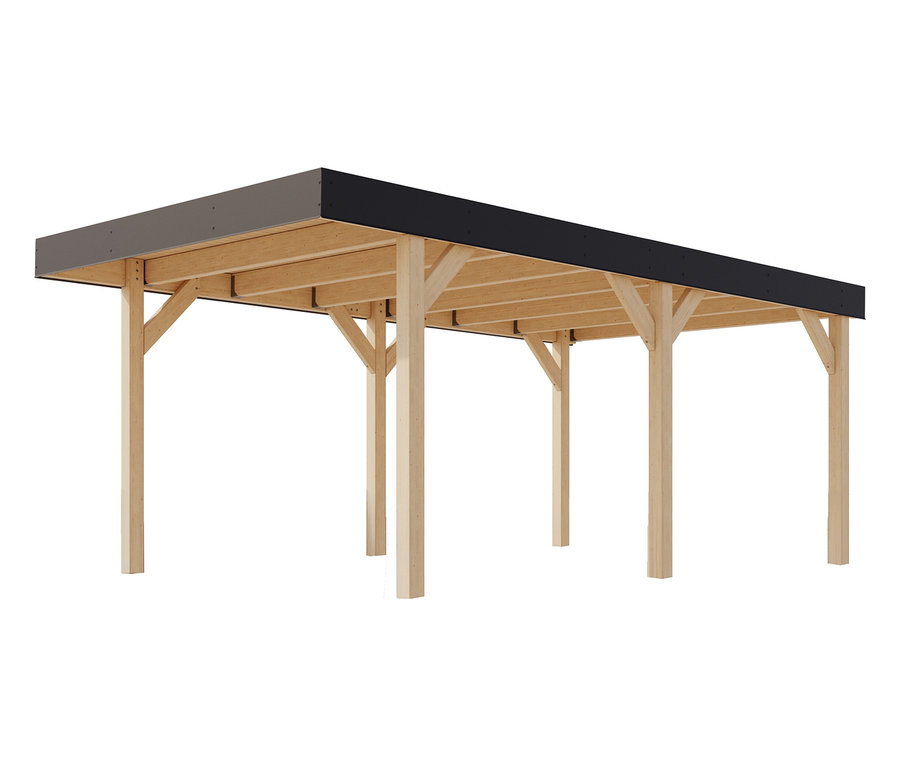 Karibu Einzel-Carport mit Holzpfosten und schwarzem Dach.