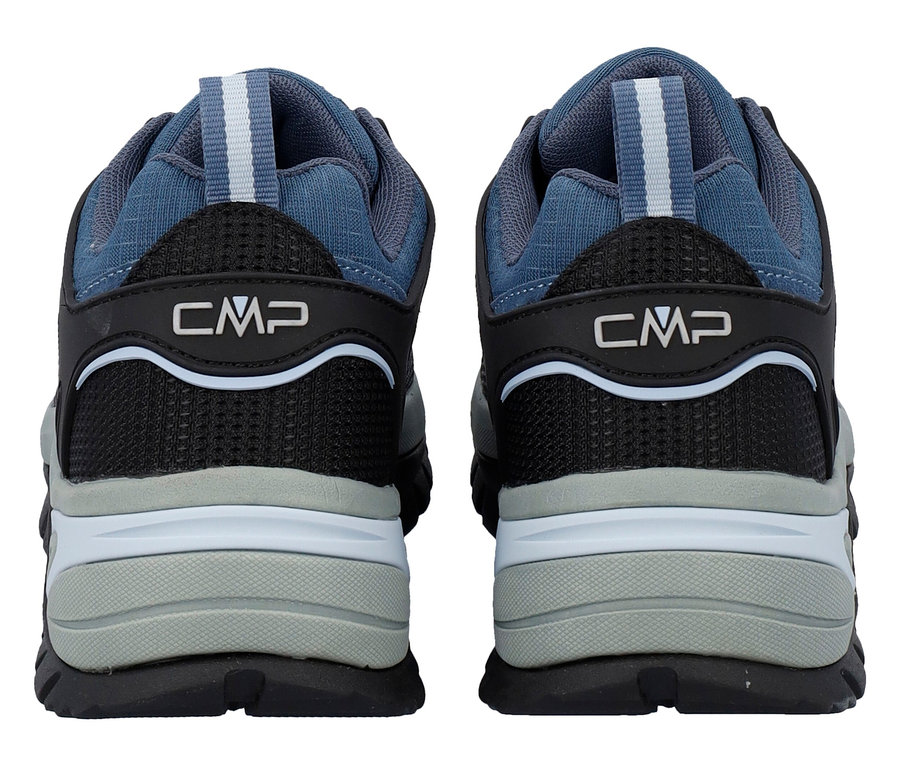 Rückansicht von zwei blauen und schwarzen CMP-Wanderschuhen.