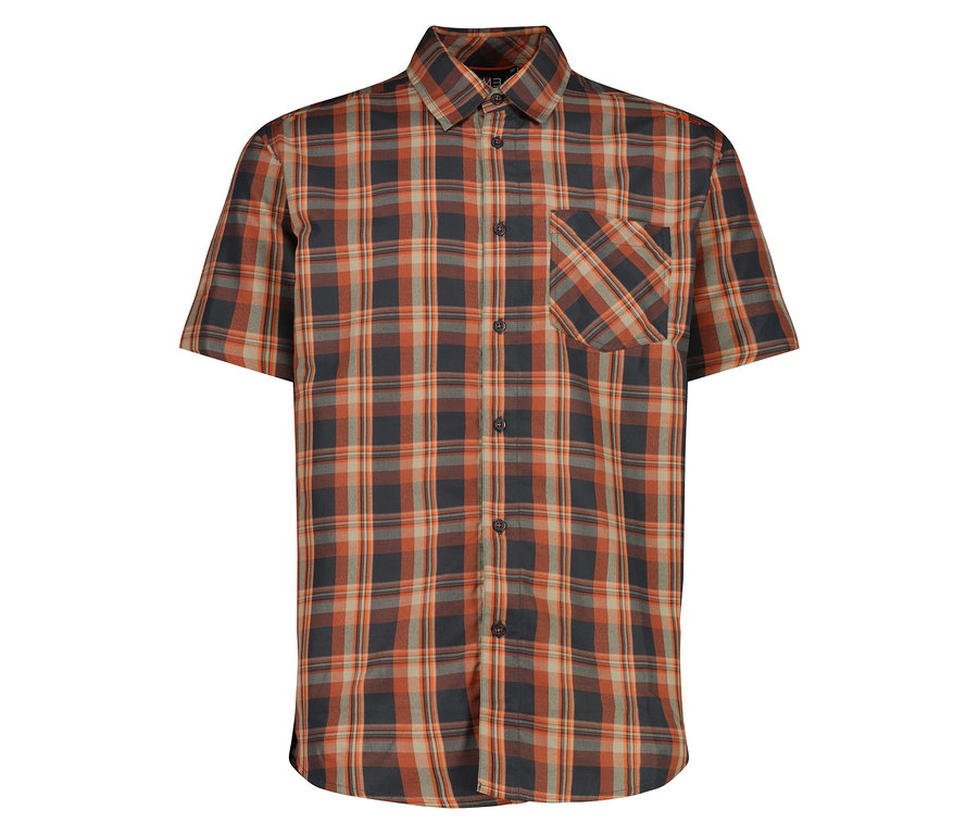 Das CMP Herren-Kurzarm-Hemd mit Karomuster in Orange, Grau und Schwarz ist zu sehen.