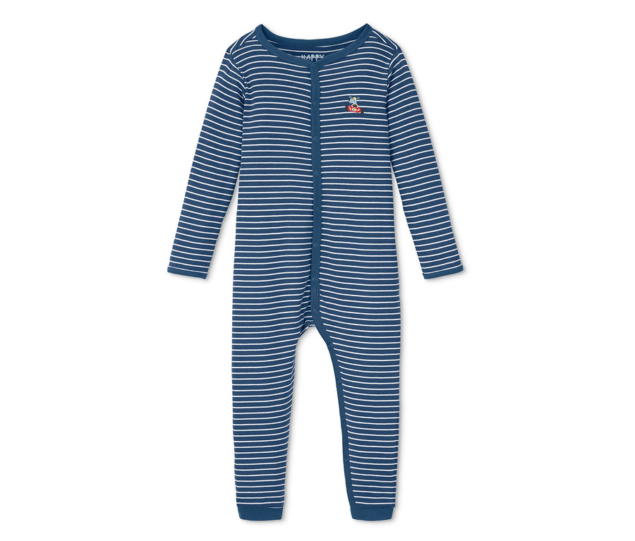 Ein blau-weiß gestreifter Schlafanzug, 2 Stück, mit langen Ärmeln und Reißverschluss.