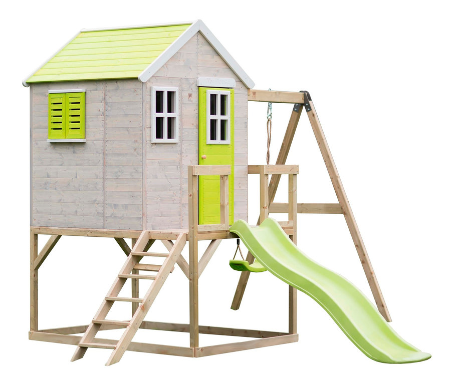 Ein Wendi-Toys-Kinderspielhaus »Elefant Lime« mit Rutsche und Schaukel.