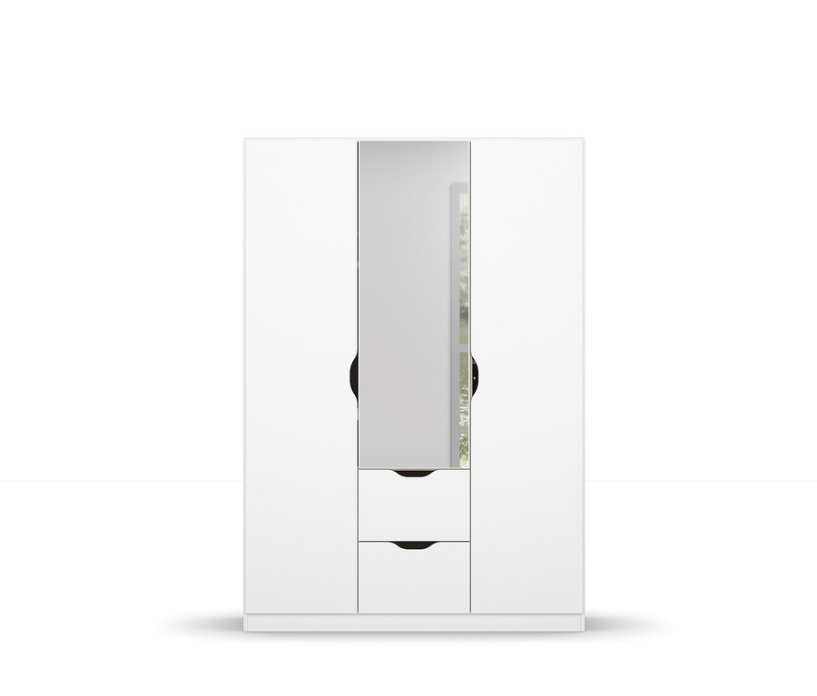 Weißes, dreiteiliges Rauch Kindermöbel-Set Alvara mit Alvara Kleiderschrank mit Spiegel.