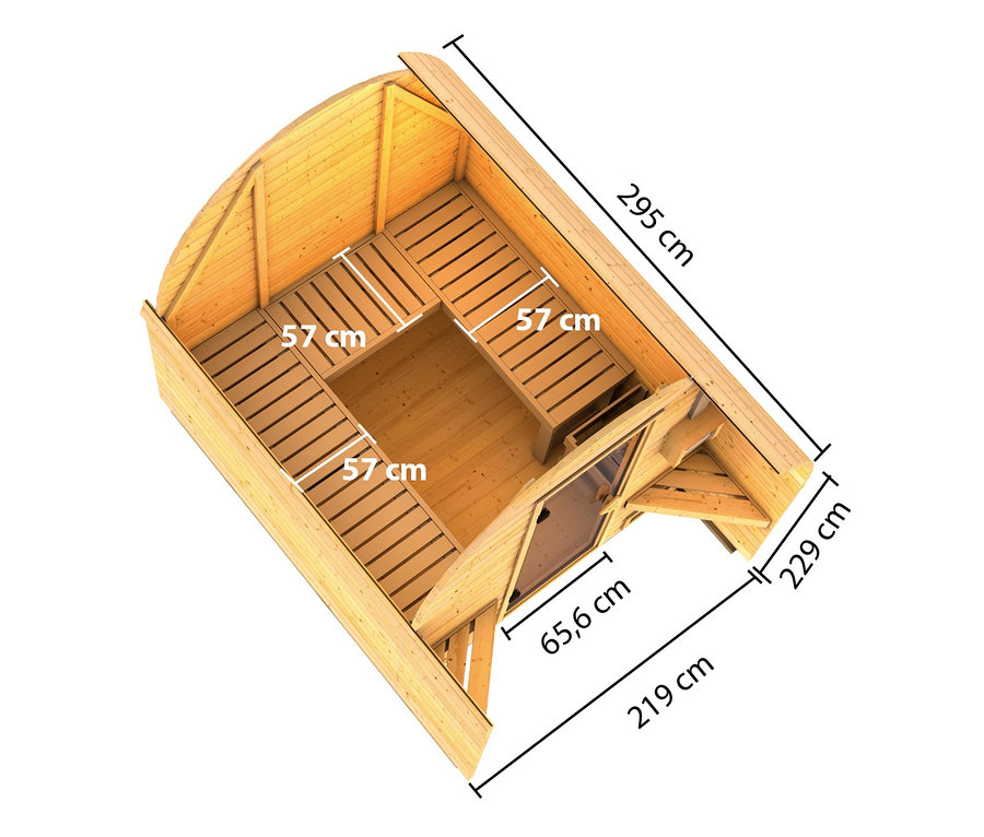 Draufsicht auf ein naturfarbenes Karibu Fasshaus »Orkla« mit Abmessungen.