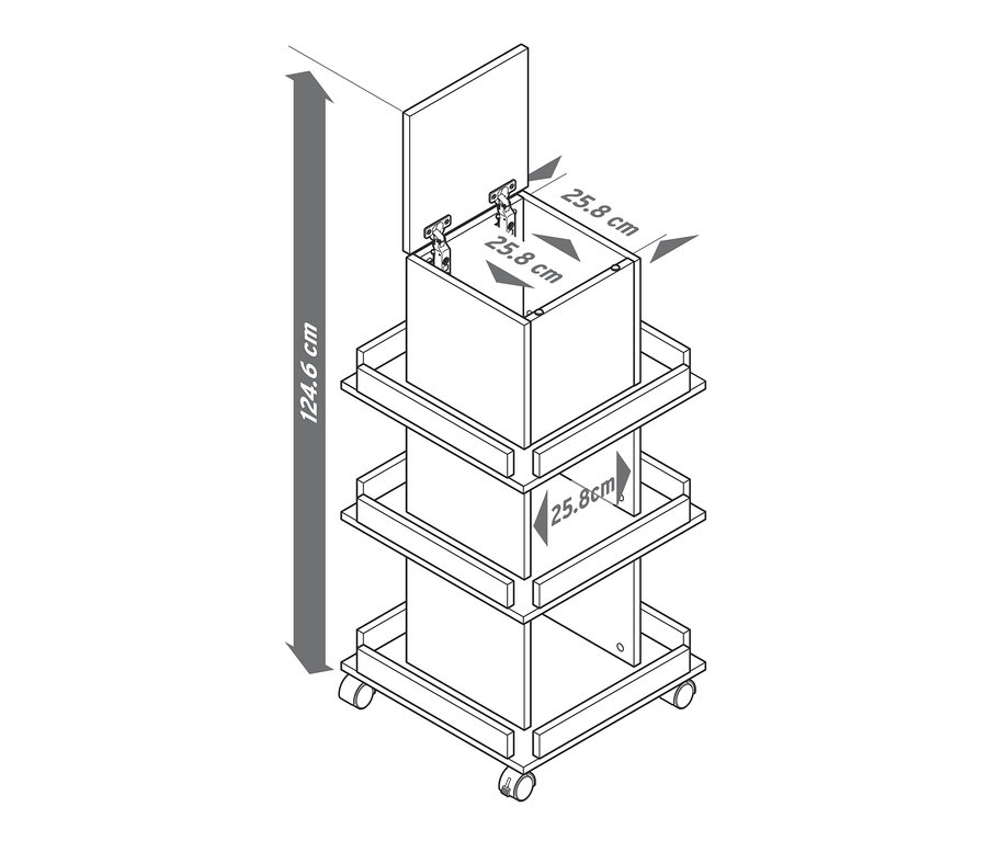 Zeichnung eines Bücherturms mit Details in Eichendekor, 124,6 cm hoch und 25,8 cm breit.
