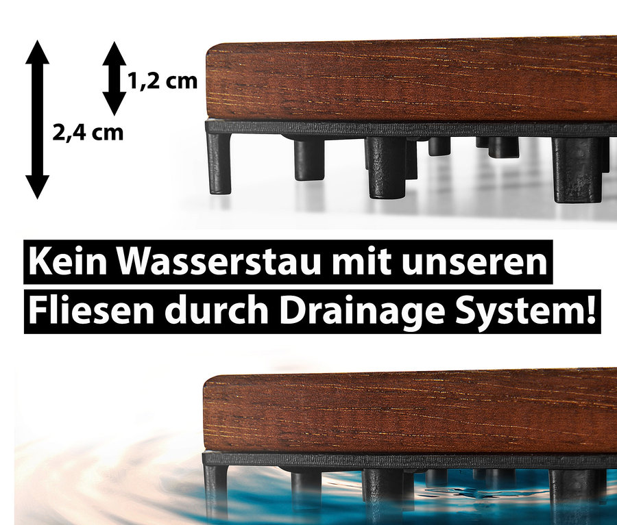 Detailaufnahme einer braunen Holzfliese mit schwarzen Kunststofffüßen, Maße 2,4 cm und 1,2 cm. Produkt: 10 Holzfliesen, braun