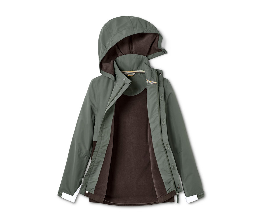 Geöffnete grüne Allwetterjacke mit brauner Innenschicht und Kapuze.